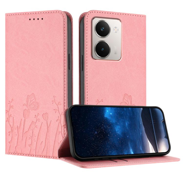 Magnetic vegan leather phone case, pink tulip & butterfly pattern, magnetic fold cover