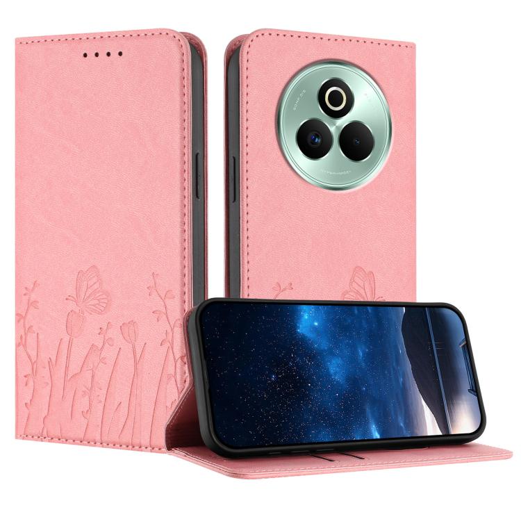 Pink magnetic vegan leather phone case with tulip and butterfly pattern, flip cover