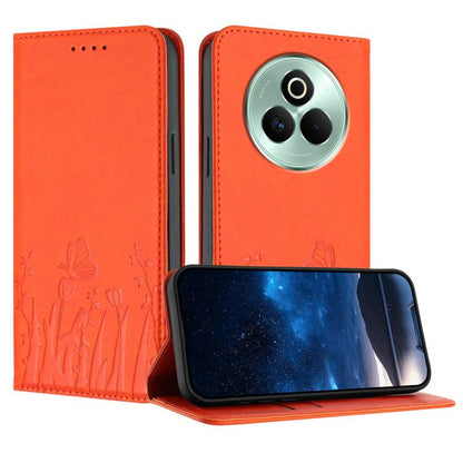 Orange magnetic vegan leather phone case with tulip and butterfly pattern, flip cover