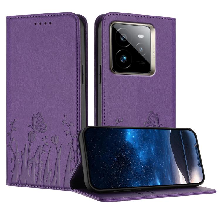 Violet vegan leather flip phone case with butterfly and tulip pattern, camera cutout