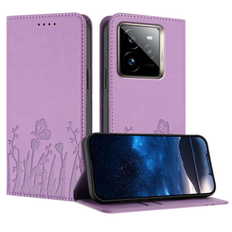 Lavender vegan leather flip phone case with butterfly and tulip pattern, camera cutout