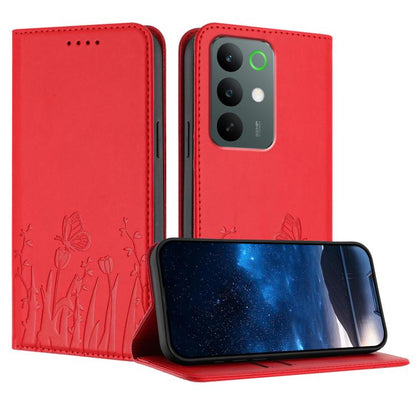 Red vegan leather phone case with tulip and butterfly embossed pattern, flip cover.