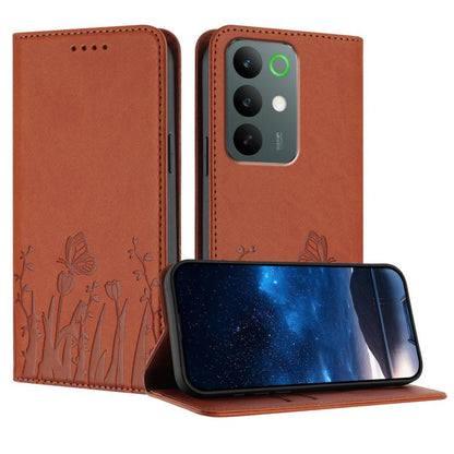 Magnetic vegan leather phone case in orange with tulip and butterfly pattern, flip cover.