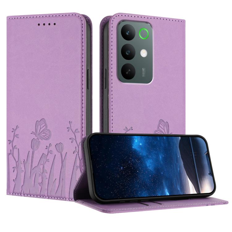 Magnetic vegan leather phone case in light purple with tulip and butterfly pattern, flip cover.