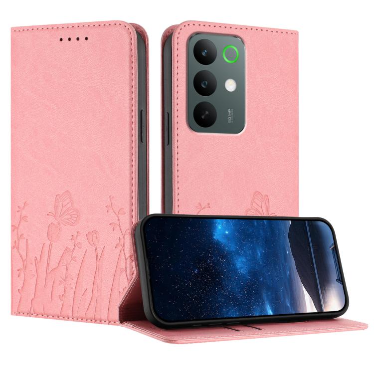 Magnetic vegan leather phone case in pink with tulip and butterfly pattern, flip cover.