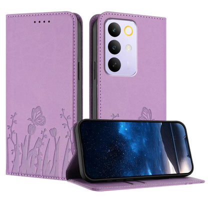 Lavender vegan leather phone case with tulip and butterfly embossed pattern, flip cover.