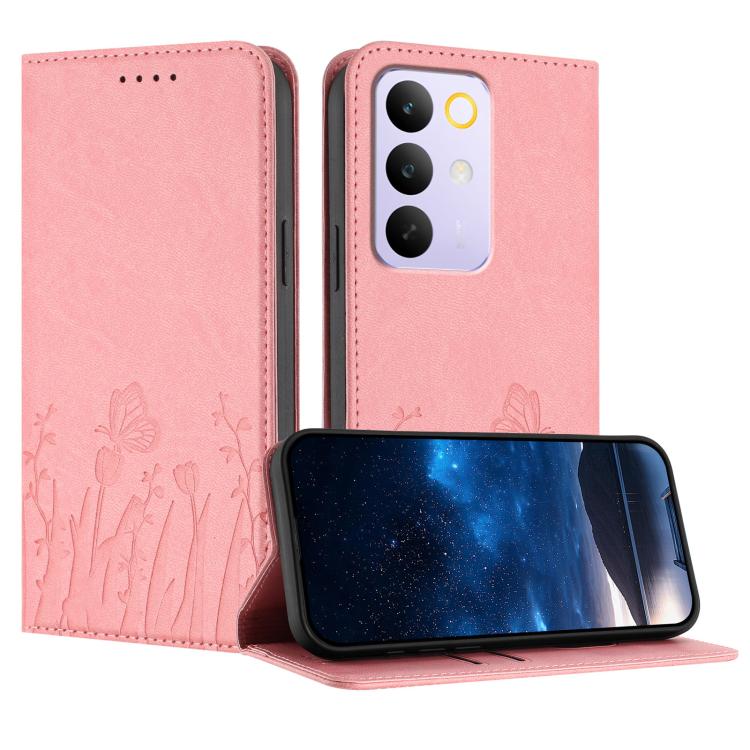 Pink vegan leather phone case with tulip and butterfly embossed pattern, flip cover.
