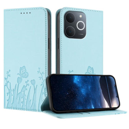 Magnetic vegan leather phone case, light blue with tulip and butterfly pattern, folio