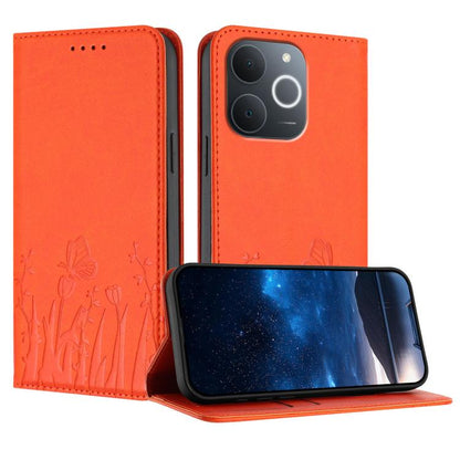 Magnetic vegan leather phone wallet case, orange with tulip-and-butterfly design