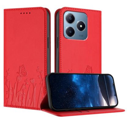 Red magnetic vegan leather phone case with butterfly/tulip emboss, flip cover