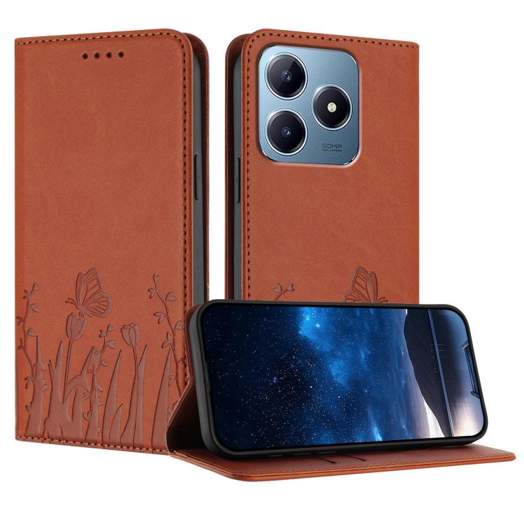 Orange magnetic phone case with butterfly and tulip embossing, folio flap, for phone cameras