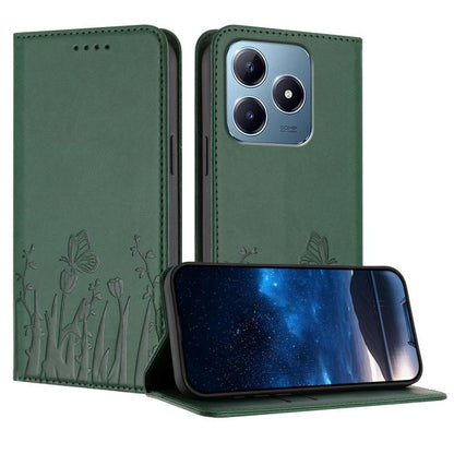 Dark green magnetic phone case with butterfly and tulip embossing, folio flap, for phone cameras