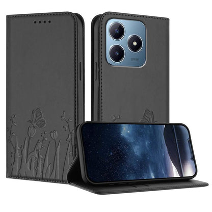 Dark gray magnetic phone case with butterfly and tulip embossing, folio flap, for phone cameras