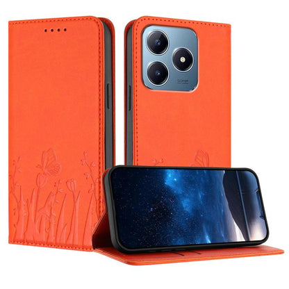 Orange magnetic phone case with butterfly and tulip embossing, folio flap, for phone cameras