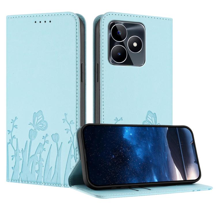 Light blue magnetic phone case with butterfly and tulip embossing, folio flap, for phone cameras
