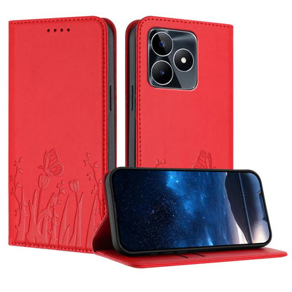 Red magnetic phone case with butterfly and tulip embossing, folio flap, for phone cameras