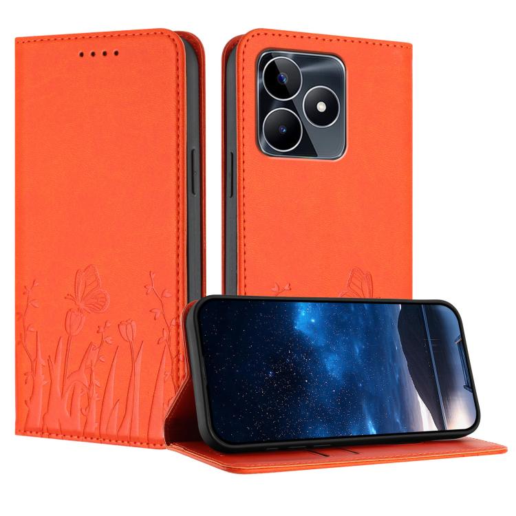 Magnetic vegan leather phone case, orange with tulip and butterfly pattern, folio