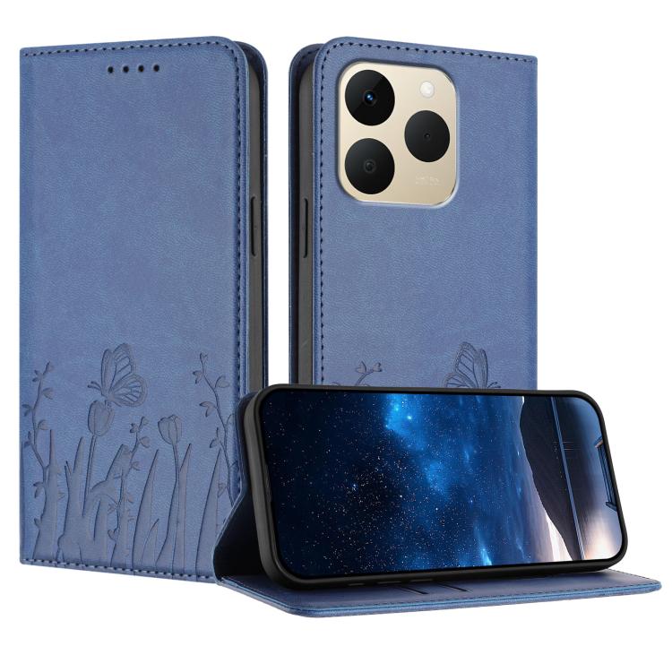 Magnetic vegan leather phone case with blue floral and butterfly embossing, stand flap