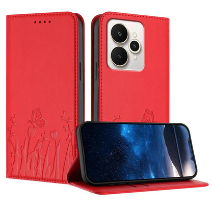 Magnetic vegan leather phone wallet case, red with tulip-and-butterfly pattern
