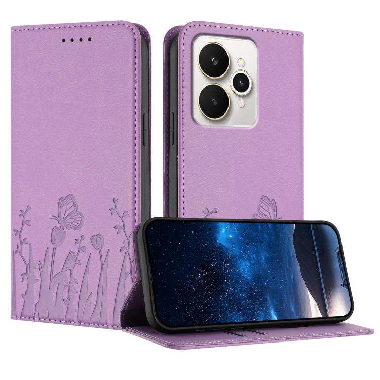 Vegan leather magnetic phone case in light purple with tulip and butterfly pattern, flap