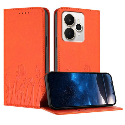 Vegan leather magnetic phone case in orange with tulip and butterfly pattern, front flap