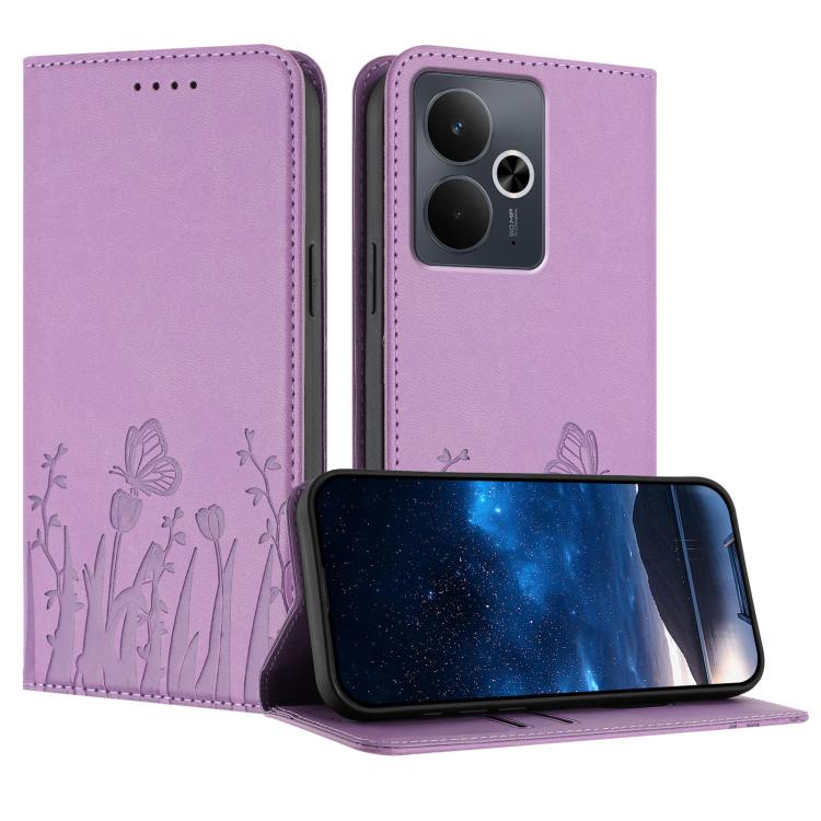Lavender magnetic vegan leather phone case with tulip and butterfly pattern, folio cover