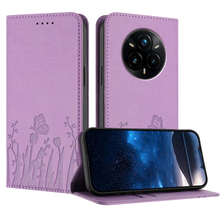 Magnetic vegan leather phone case with tulip butterfly pattern, light purple flip cover