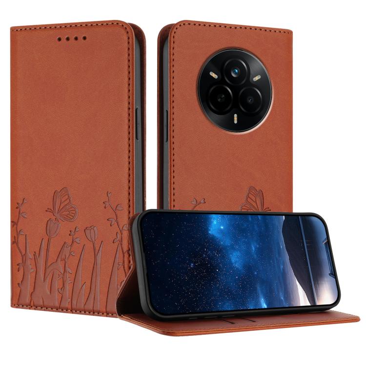 Magnetic vegan leather phone case in brown with butterfly and flower pattern, flip cover
