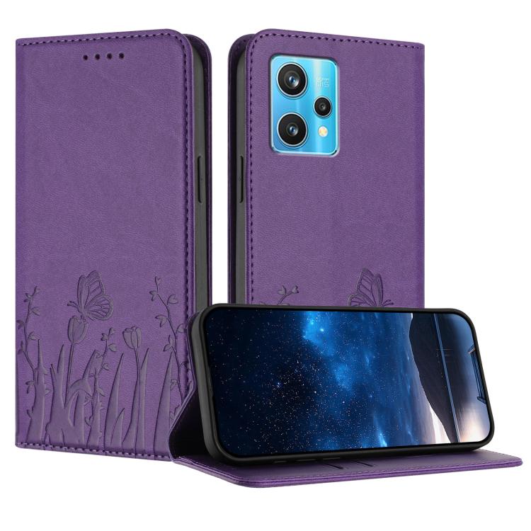 Purple magnetic vegan leather phone case with tulip and butterfly pattern, flip cover