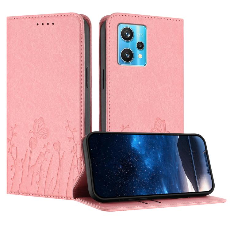 Pink magnetic vegan leather phone case with tulip and butterfly pattern, flip cover