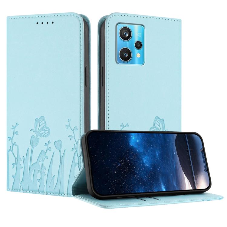 Light blue magnetic vegan leather phone case with tulip and butterfly pattern, flip cover