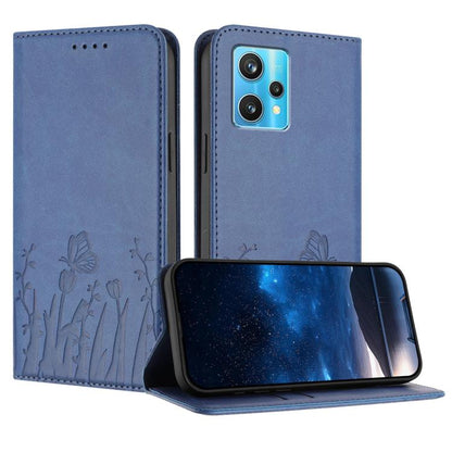 Navy and light blue magnetic phone case set with tulip and butterfly pattern, open flip