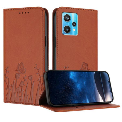 Phone case with tulip and butterfly pattern, terracotta vegan leather flip cover with camera cutout