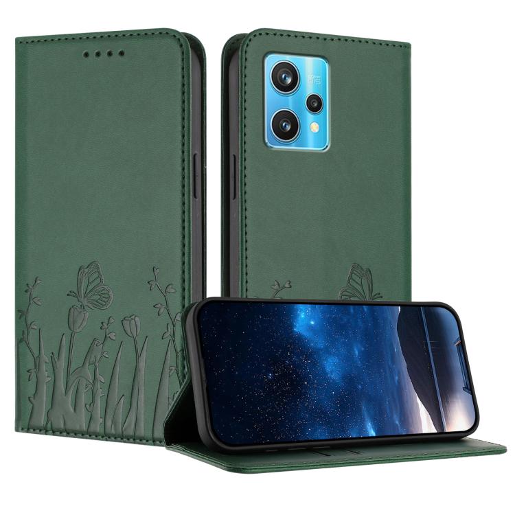 Phone case with tulip and butterfly pattern, dark green vegan leather flip cover with camera cutout