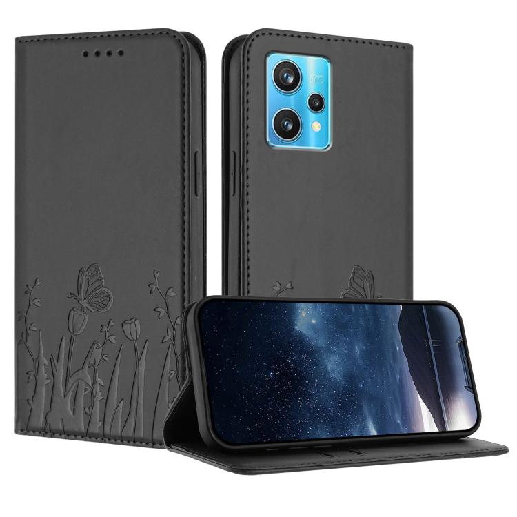 Phone case with tulip and butterfly pattern, dark gray vegan leather flip cover with camera cutout