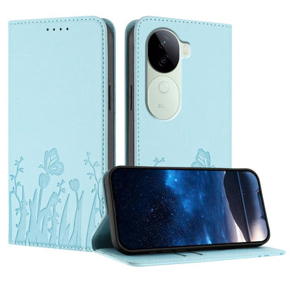 Light blue tulip and butterfly magnetic phone case with vegan leather flip cover.