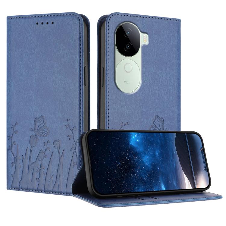Blue tulip and butterfly magnetic phone case with vegan leather flip cover.