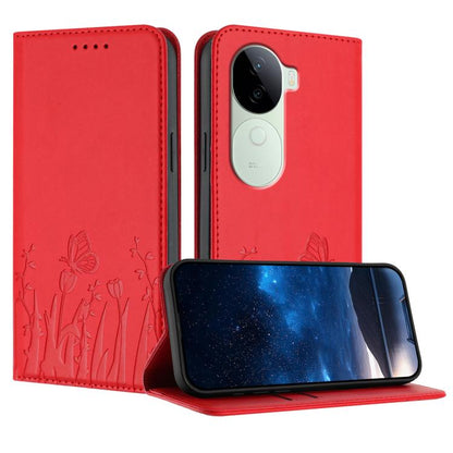 Red tulip and butterfly magnetic phone case with vegan leather flip cover.