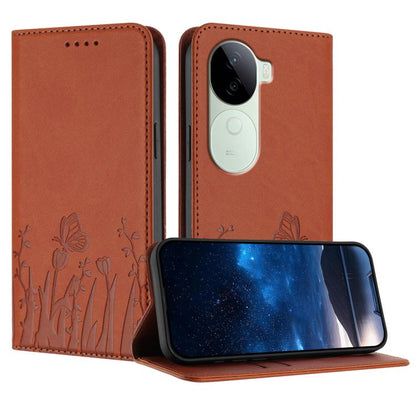 Orange butterfly-and-tulip vegan leather phone case with magnetic flip cover