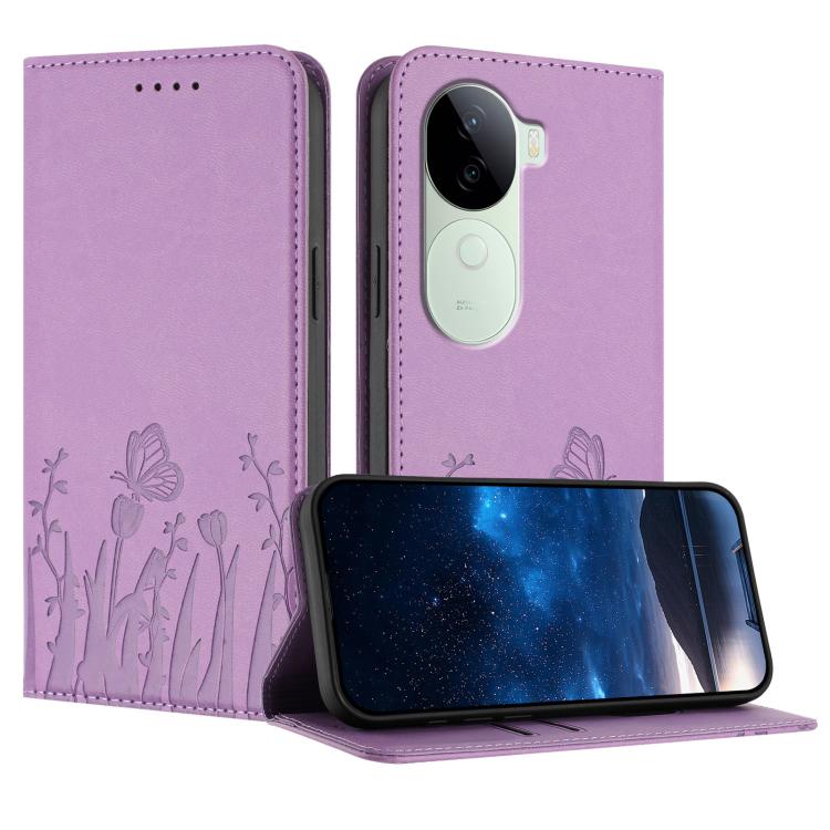 Lavender butterfly-and-tulip vegan leather phone case with magnetic flip cover