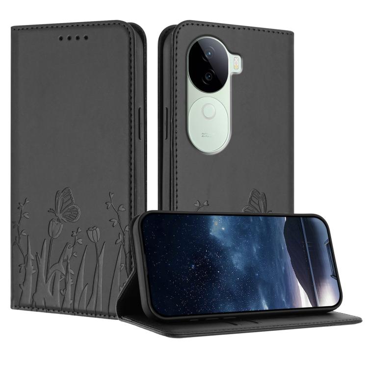 Black butterfly-and-tulip vegan leather phone case with magnetic flip cover