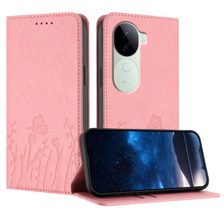 Pink butterfly-and-tulip vegan leather phone case with magnetic flip cover