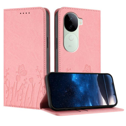 Pink butterfly-and-tulip vegan leather phone case with magnetic flip cover