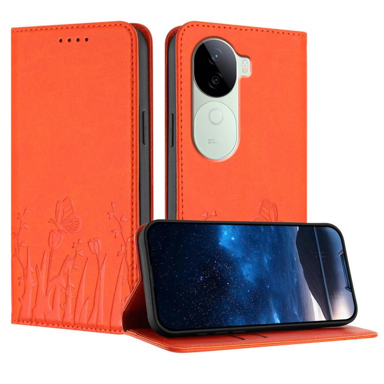 Bright orange butterfly-and-tulip vegan leather phone case with magnetic flip cover
