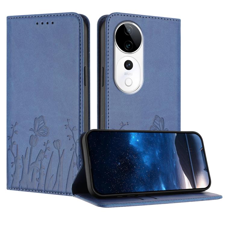 Slate blue butterfly-and-tulip vegan leather phone case with magnetic flip cover