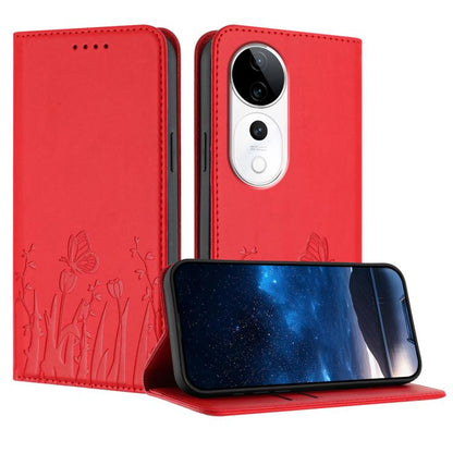 Red butterfly-and-tulip vegan leather phone case with magnetic flip cover