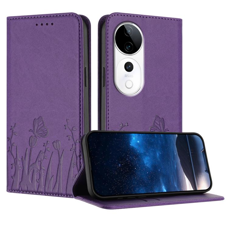 Magnetic vegan leather phone case, purple with tulip-and-butterfly pattern, flip cover
