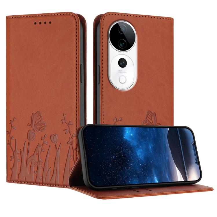Magnetic vegan leather phone case, brown with tulip-and-butterfly pattern, flip cover