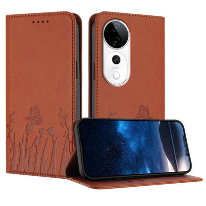 Magnetic vegan leather phone case, brown with tulip-and-butterfly pattern, flip cover