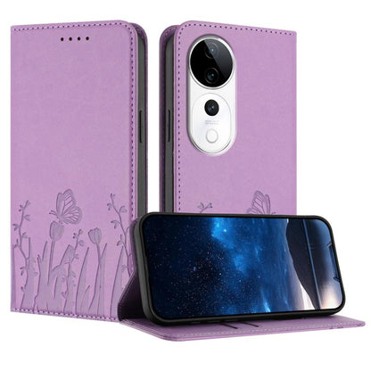 Magnetic vegan leather phone case, light purple with tulip-and-butterfly pattern, flip cover